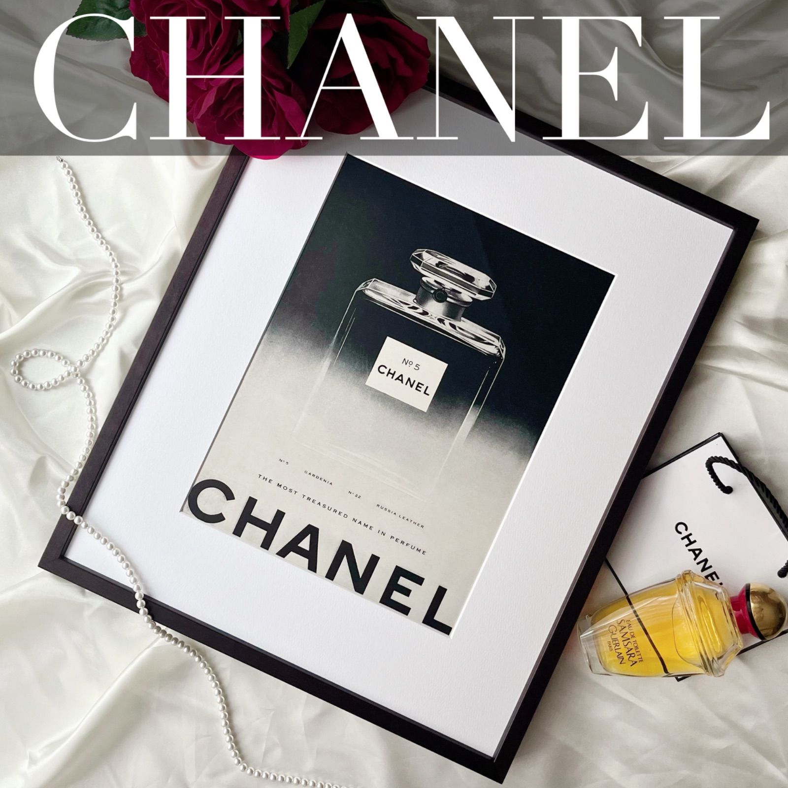 ＜再入荷！1949 広告＞ CHANEL シャネル CHANELの5番 ポスター ヴィンテージ アートポスター フレーム付き 額縁 インテリア モダン おしゃれ かわいい 壁掛け ポップ レトロ モノクロ モノトーン