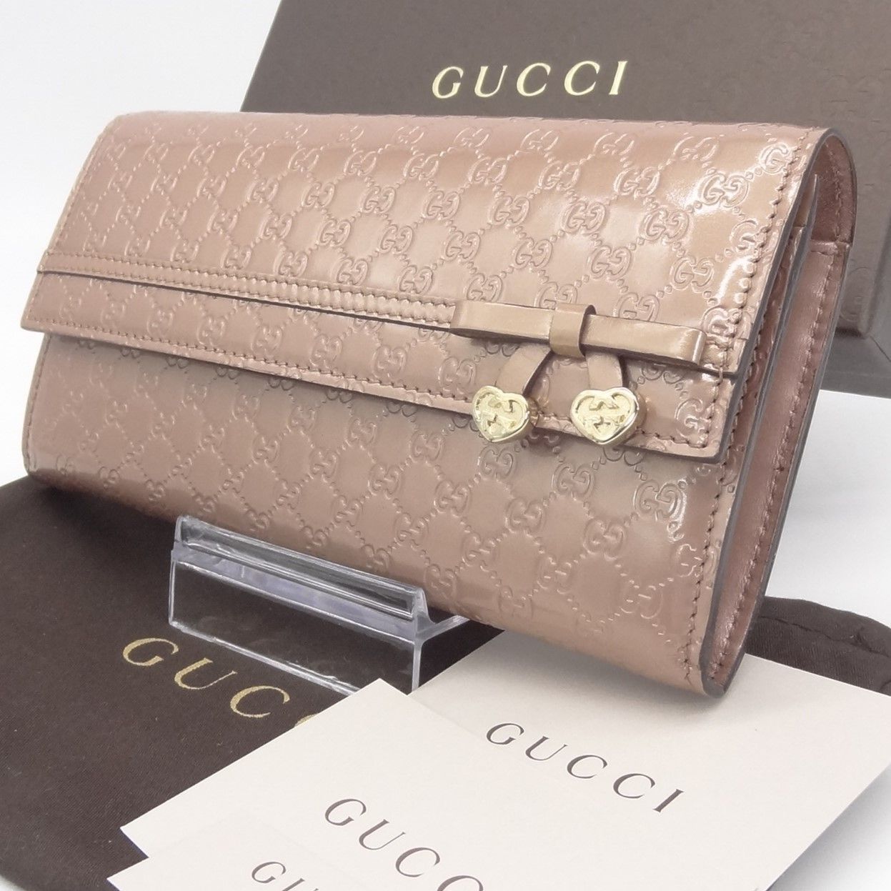 極美品】 GUCCI グッチ 長財布 GG 折り財布 シマ ピンク ハート リボン ...