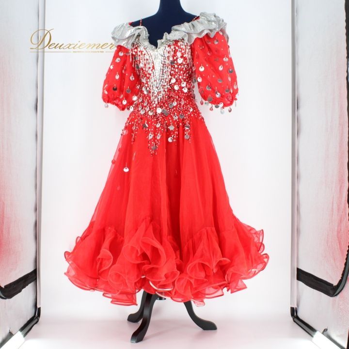 【美品 社交ダンス衣装】オレンジ ワンピース ドレス ラメ レース フリル 花 社交ダンス 衣装 スタンダード ドレス ワンピース ドレス 赤