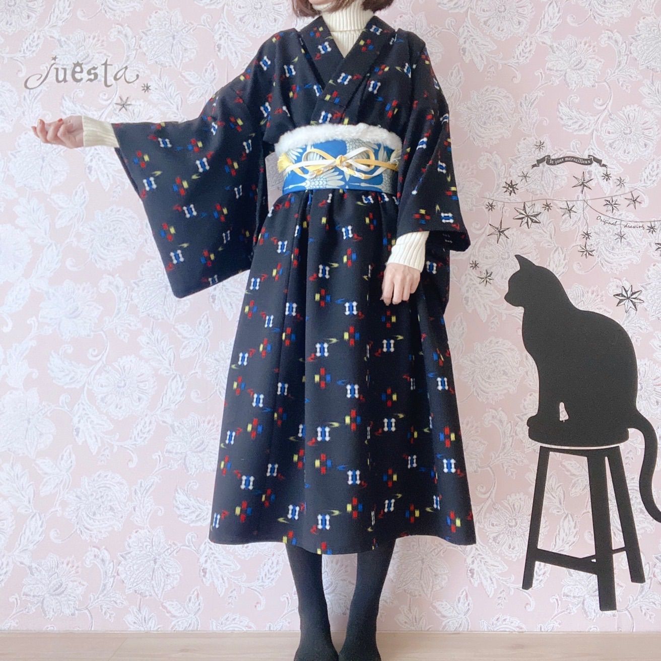 着物リメイクワンピース 黒青系 帯ベルトと羽織付き - メルカリ