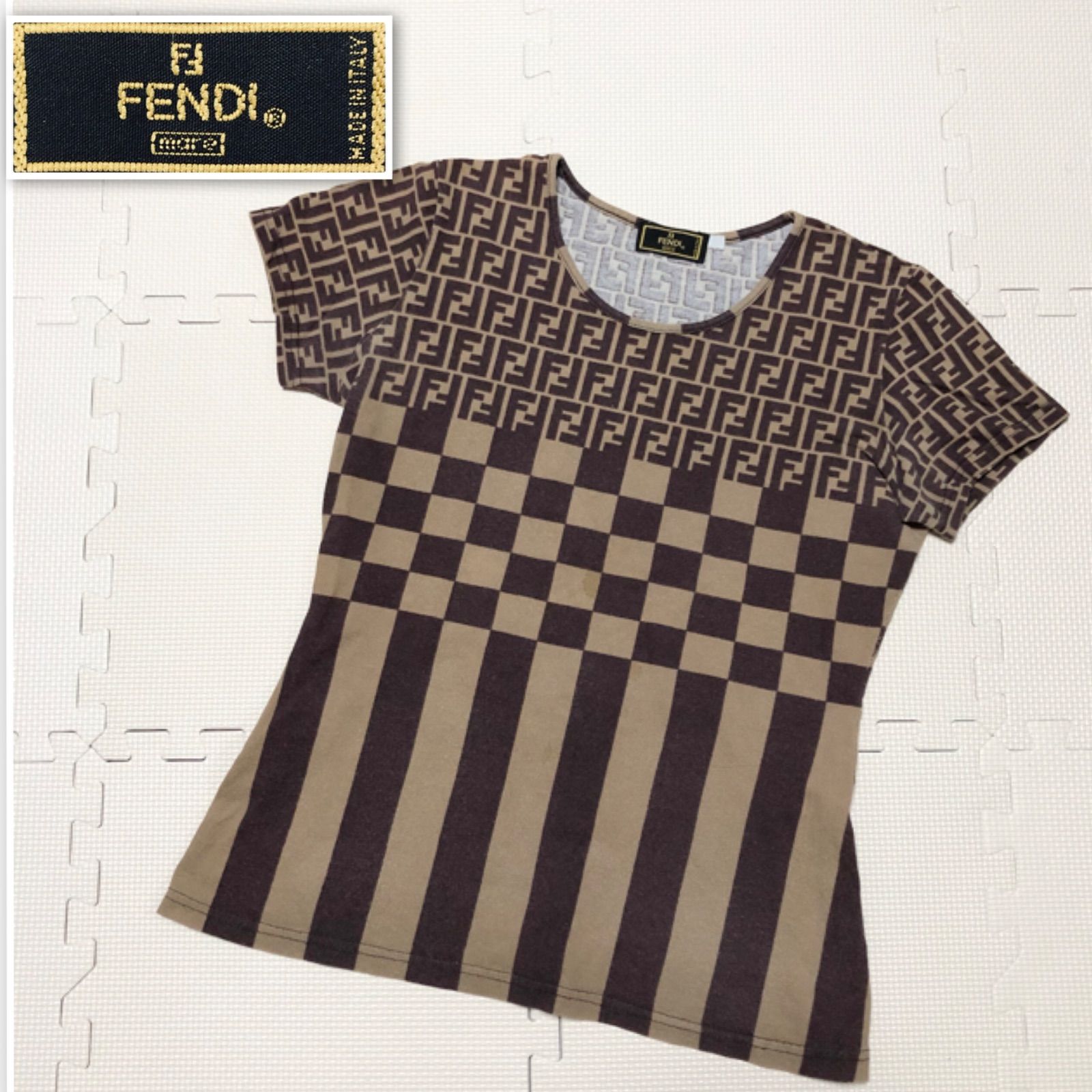 ■希少■FENDI フェンディ　ズッカ×ペカン×市松模様ミックス　Tシャツ　半袖　イタリア製　サイズL程度　ブラウン系　コットン100% レディース