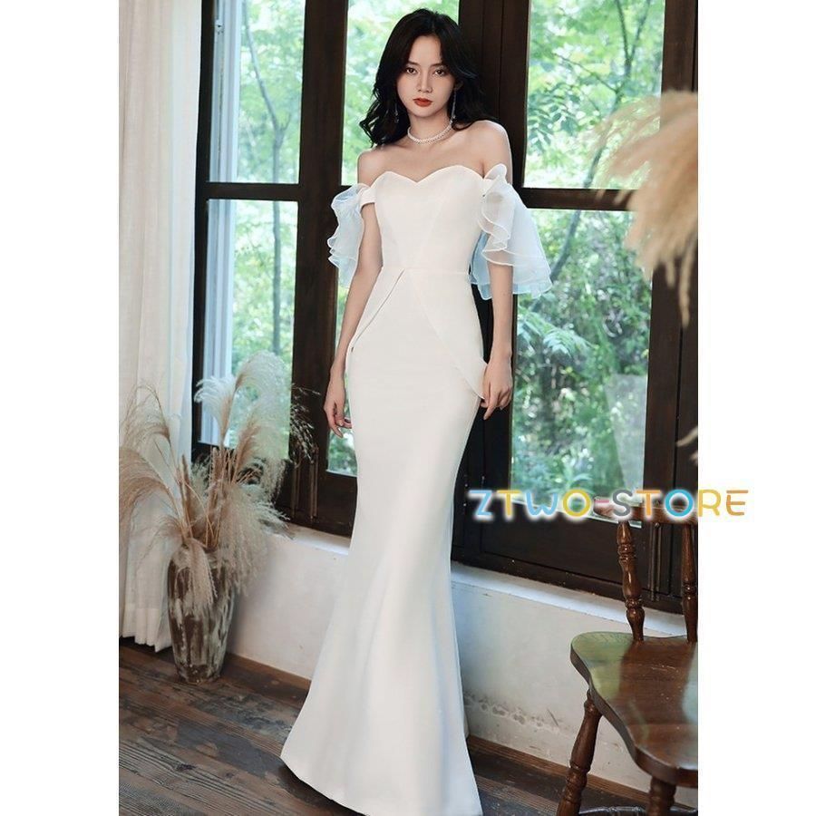 ウェディングドレス マーメイド 白 ロングドレス オフショルダー 袖あり 結婚式 二次会 花嫁 ドレス 大きいサイズ 3L 4L 上品 フリルWP日替わり 104