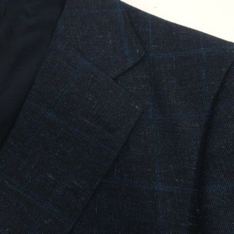 【美品】Burberry London テーラード　シルク　リネン紺　Lサイズ 美品☆ BURBERRY LONDON ジャガードスーツ ノーカラーシルク混 L