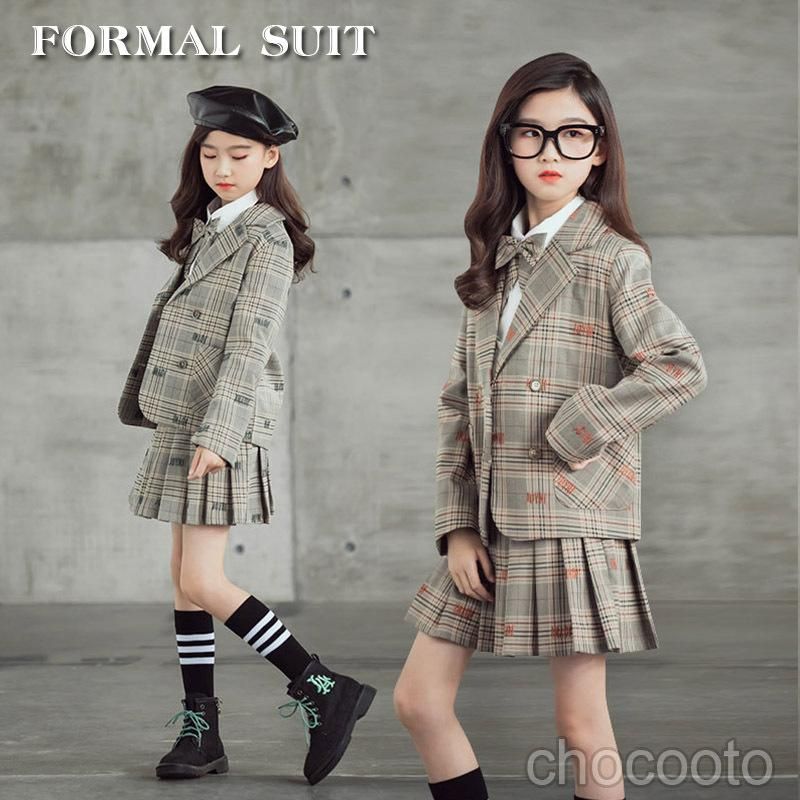 女の子 スーツ フォーマル 3点セット 小学生 子供服 キッズスーツ スカートチェック柄 入学式 プリーツスカート 卒業式 制服 ジュニアスーツ スクール nee3d993777