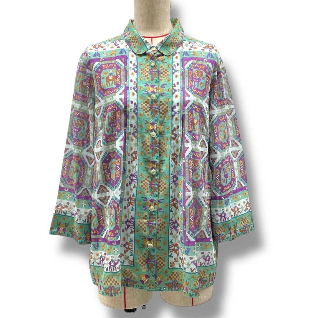 Silk Road Club シルクロードクラブ 総柄 ブラウス シャツ 七分袖 トップス シアー 透け感 アニマル 丸襟 緑 紫 グリーン パープル レディース 春 秋 ゴーゴー古着マルイファミリー溝口店 No.1275久