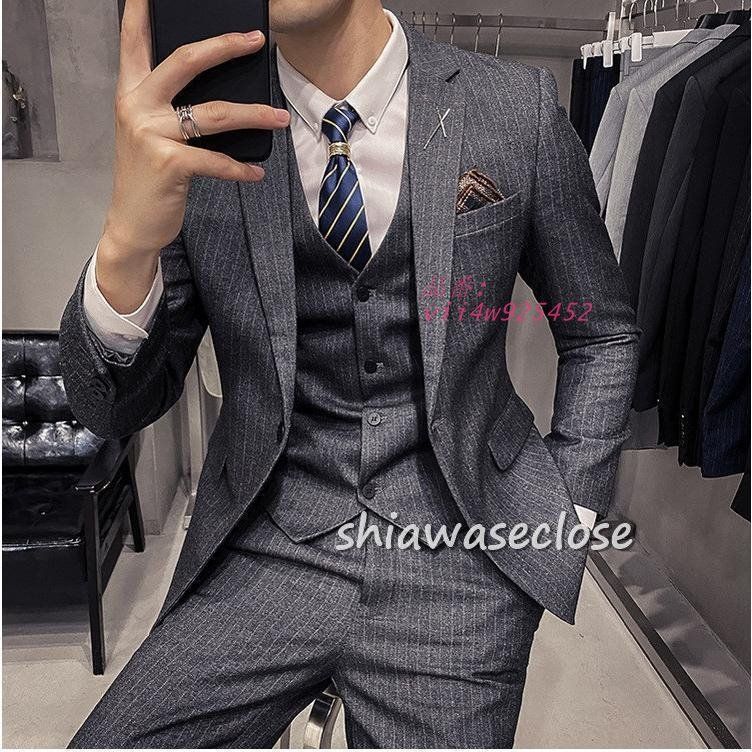 スーツメズおしゃれビジネススーツストライプカジュアルスーツ3ピーススーツフォーマルスーツスーツセットアップ洗える細身紳士服通勤結婚式