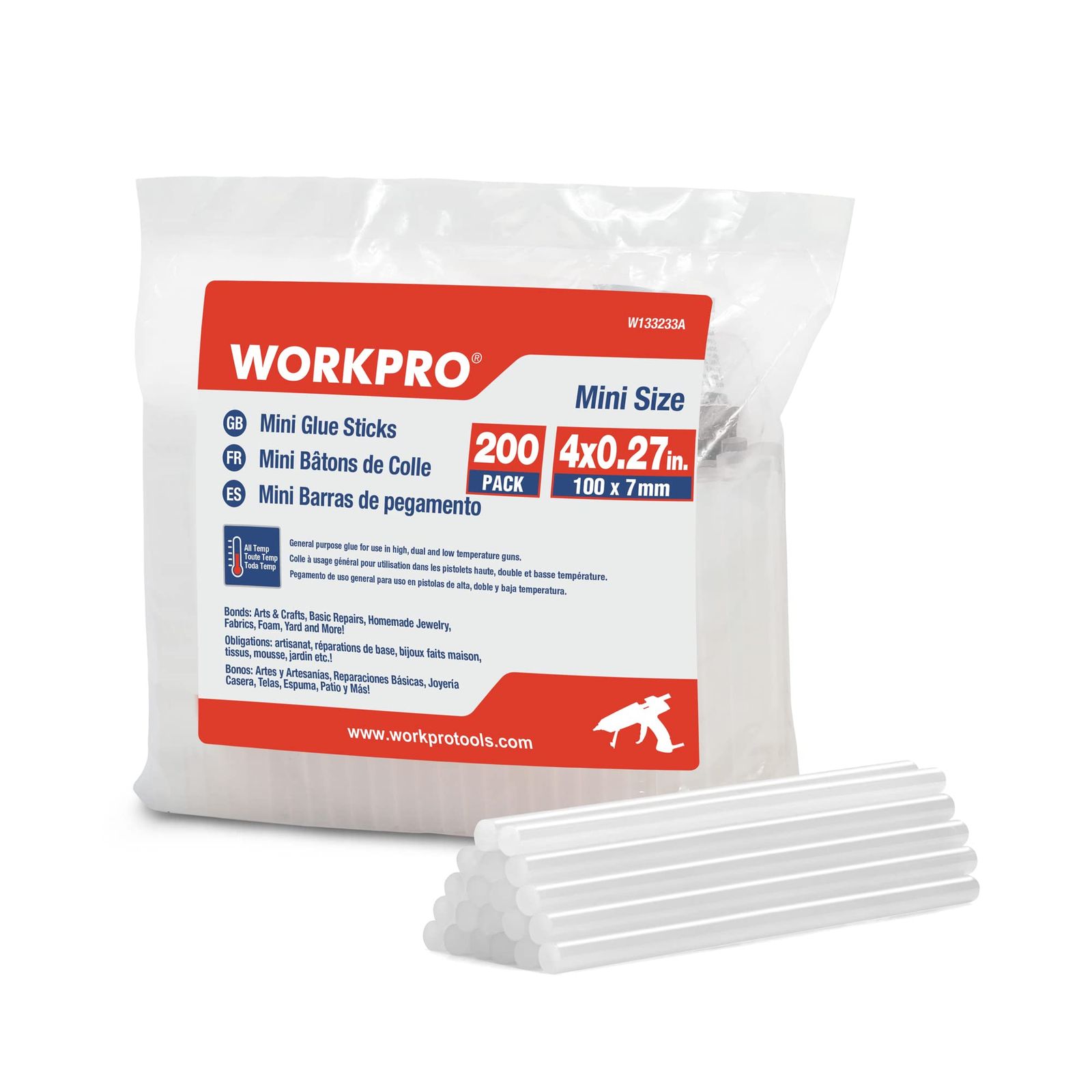 【迅速発送】WORKPRO グルースティック グルーガン用スティック 200本 φ7mm*100mm 透明 ホットメルト 強力粘着 速乾 無臭 環境に優しい グルーガン ホットボンドガン ピタガン替え用 接着剤 家庭