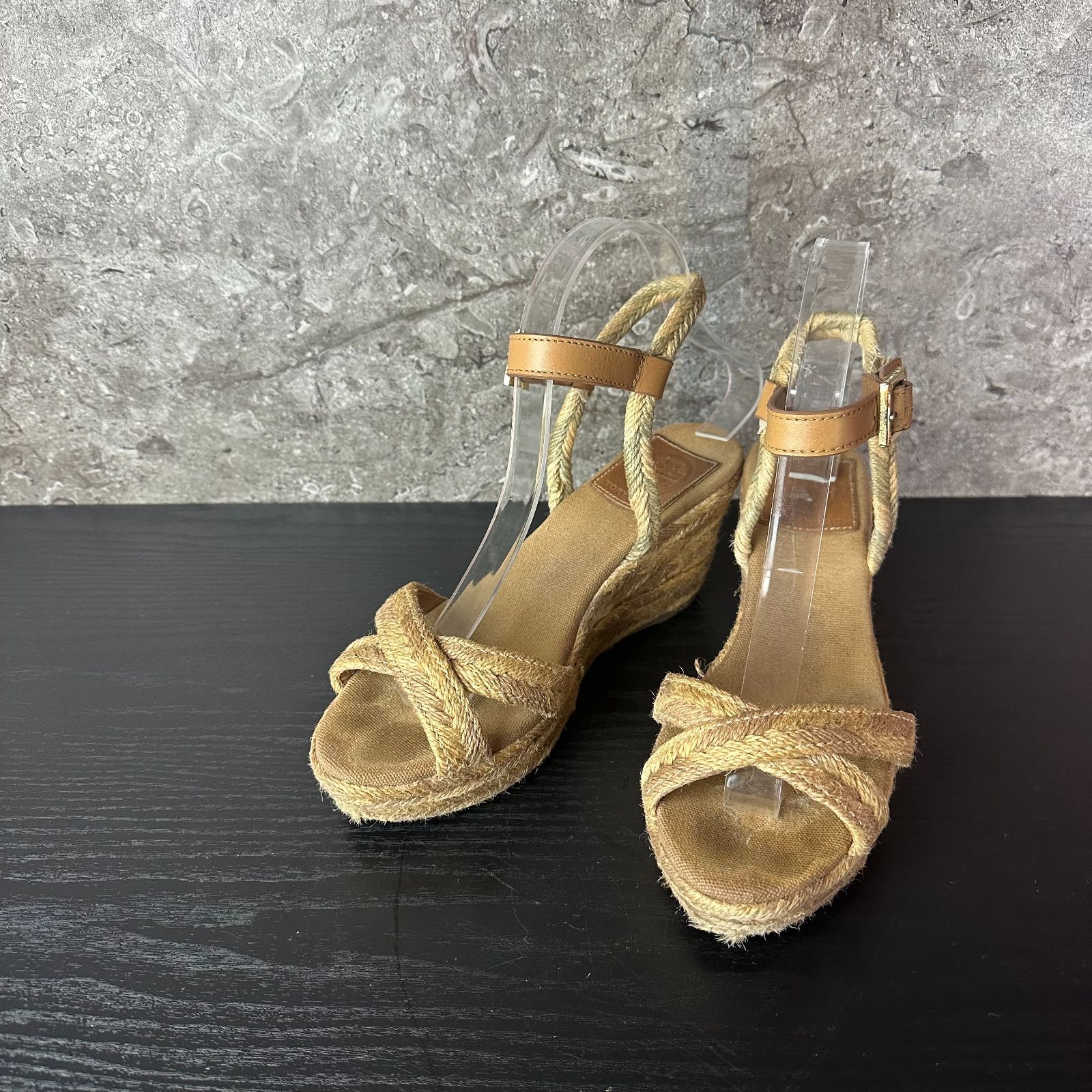 S54 トリーバーチ Tory Burch 編み込みデザイン ウェッジソールサンダル 23cm