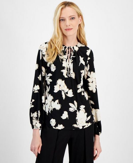 売れ筋商品|||アンクライン カットソー トップス レディース Women's Pleated Bubble-Sleeve Blouse Anne Black 送料無料】 アンクライン レディース シャツ トップス Women's