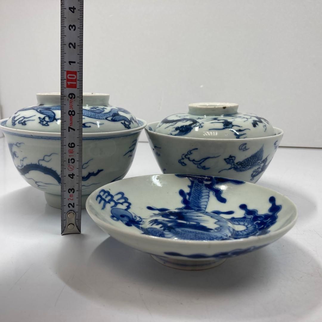 ・青花　雲龍の図蓋茶碗、盃3客　東Y5-0822② 青花 雲龍の図蓋茶碗、盃3客 東Y5-0822② 青花 雲龍の図