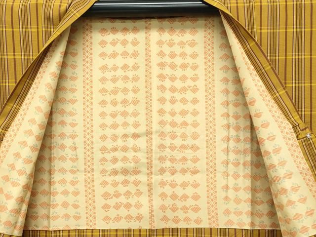 平和屋本店□極上 本場黄八丈 平織 道行コート 紬 格子柄 逸品 未使用  