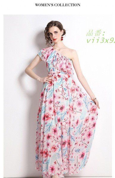 夏ワンピ 花柄 ワンショルダー シフォン ワンピース 斜め肩 韓国