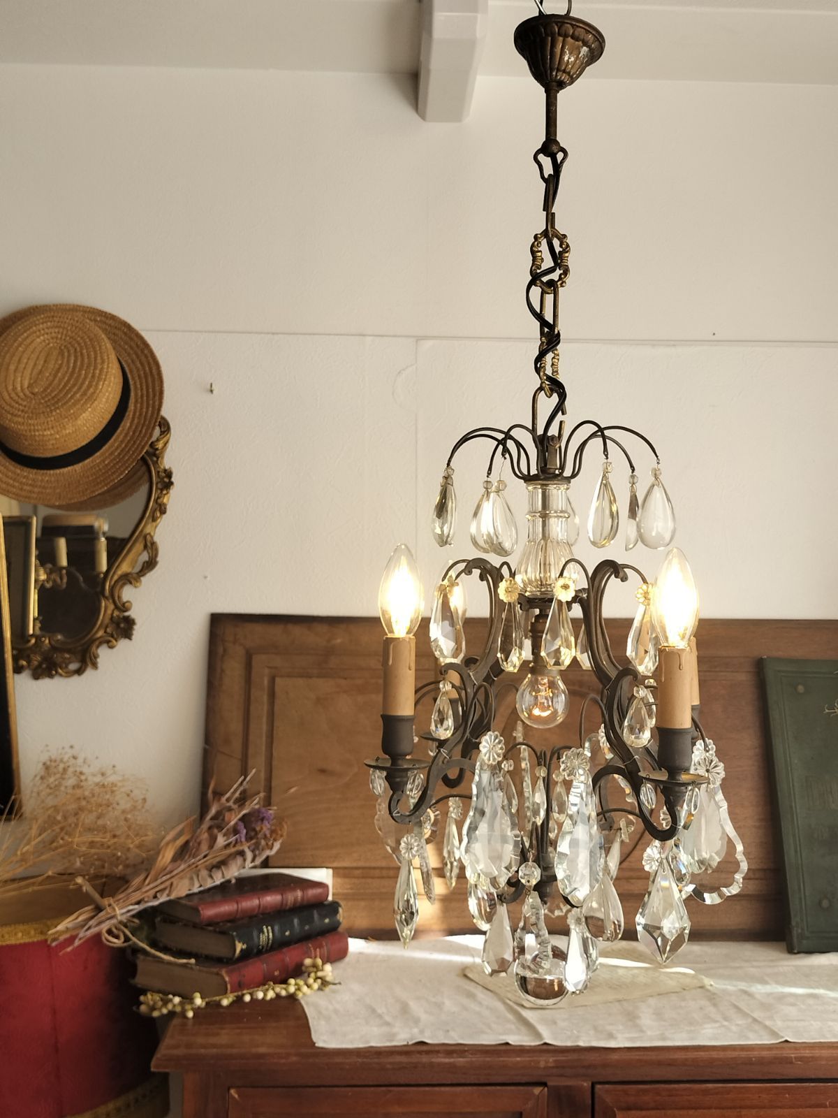 フランス アンティーク シャンデリア ケージ 照明 クリスタルドロップ ライト 5灯 店舗