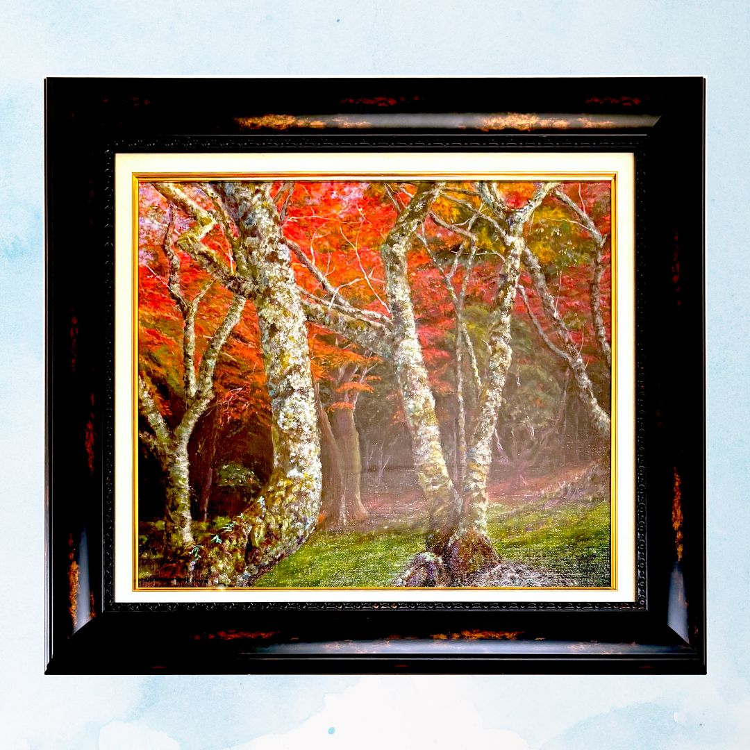 風景画/神社の風景「雨の大社にて」油彩画/SM/額付き 福家佳則作品