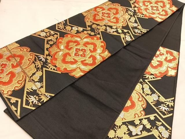 鉄腕アトム様［4887］袋帯 美品 舞蝶花文様 金銀糸 唐織 六通 正絹 着物黒 平和屋着物◎六通柄袋帯 唐織 花蝶文 黒地 金銀糸 正絹 逸品