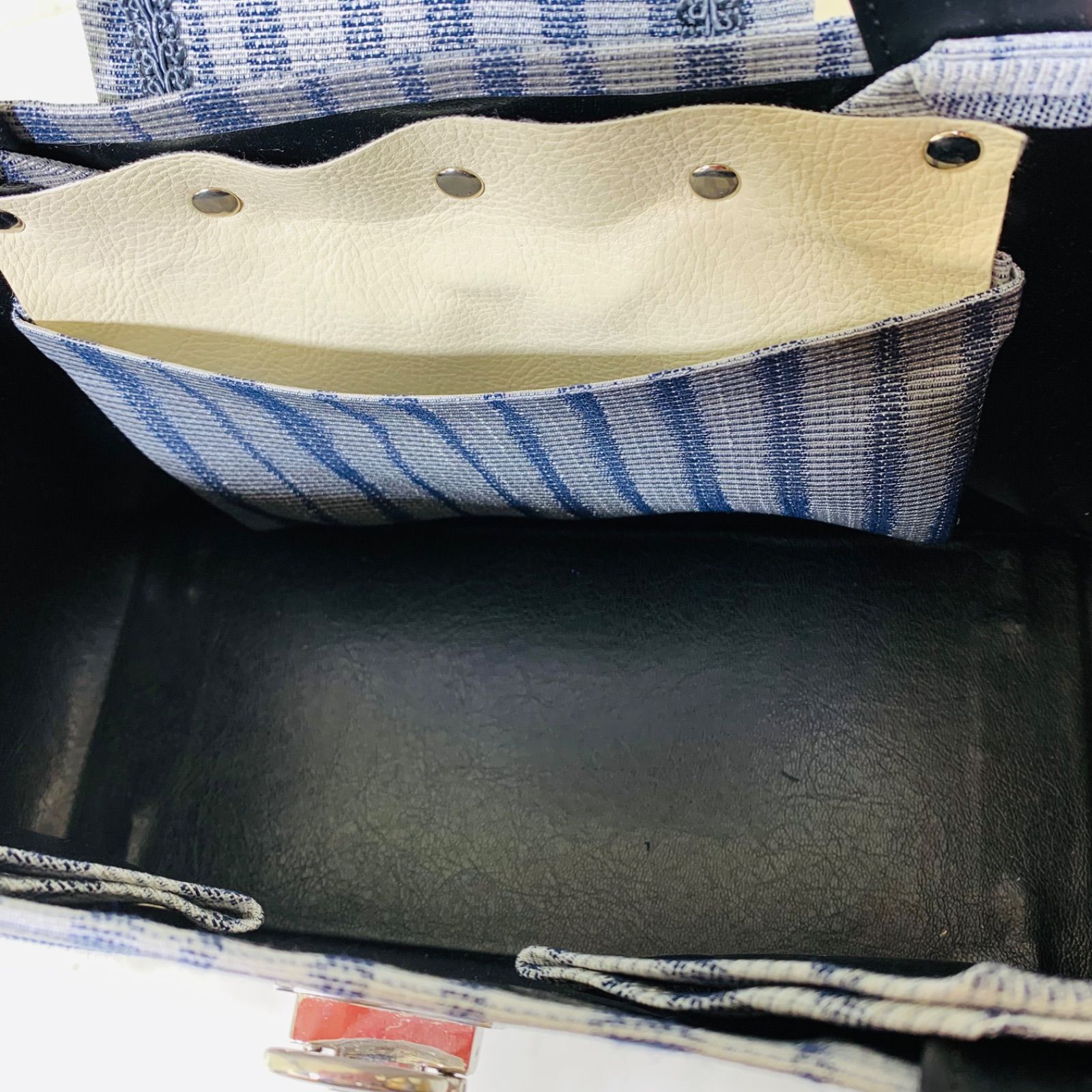 ハンドメイド　ハンドバッグ　蓋　ポケット付き　ブルー×グレー-6