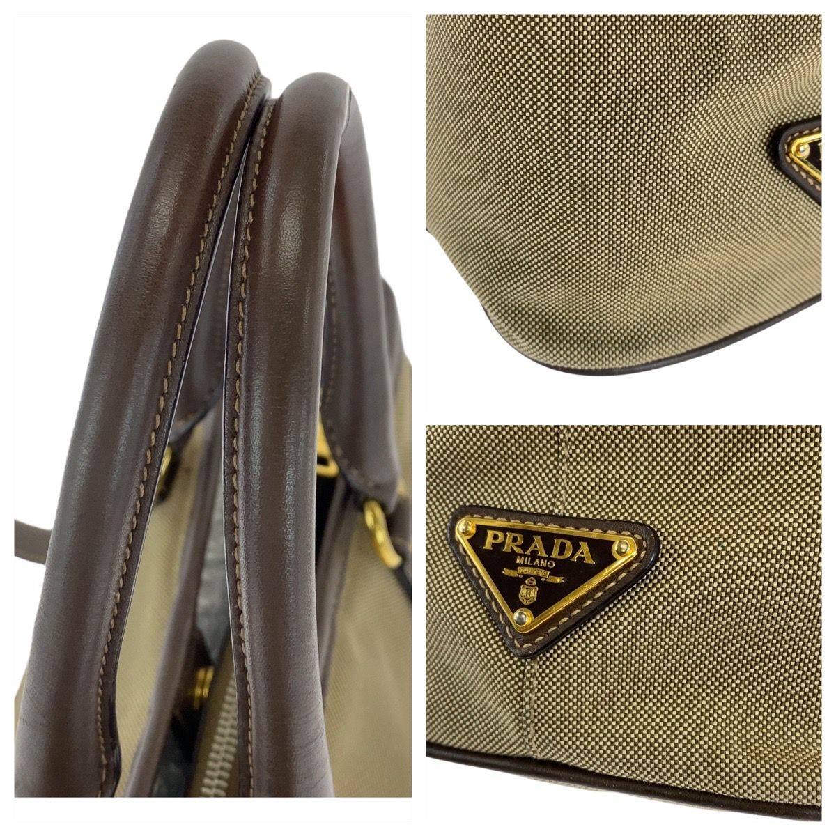 美品 PRADA プラダ ロゴジャガード 三角ロゴプレート カーキ ブラウン  