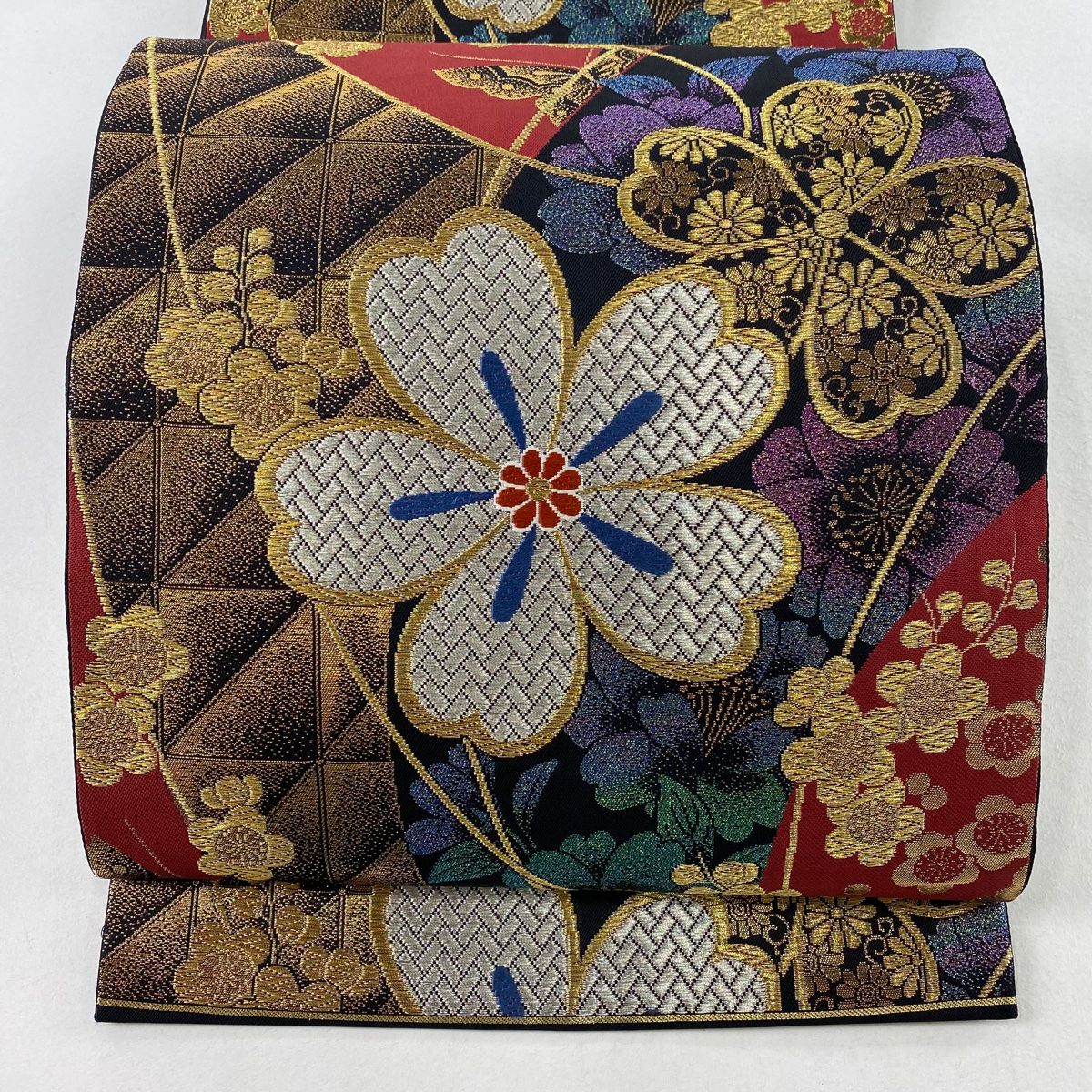袋帯 秀品 蝶 草花 刺繍 金銀糸 緑 六通 正絹 【中古】 袋帯 秀品