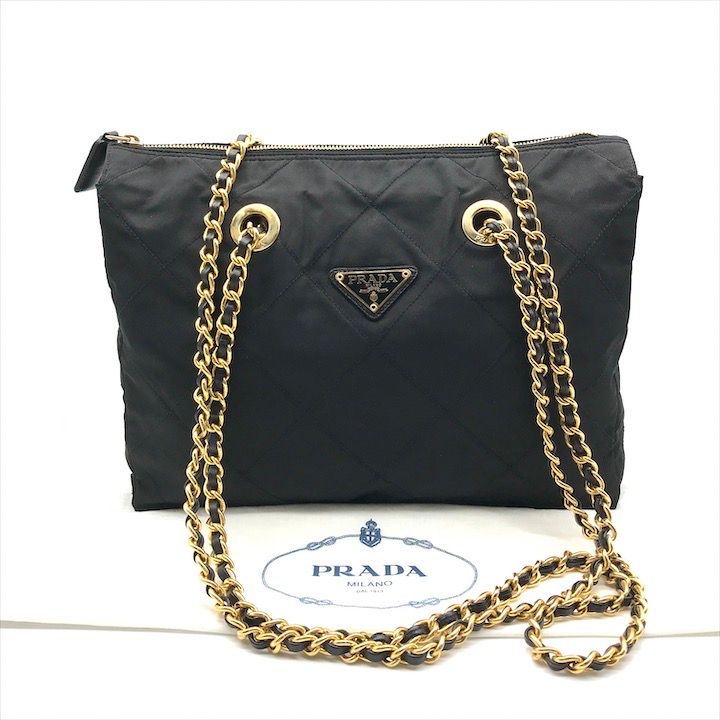 美品 PRADA プラダ テスート ナイロン ロゴプレート キルティング チェーン ショルダー トート バッグ ブラック k2325