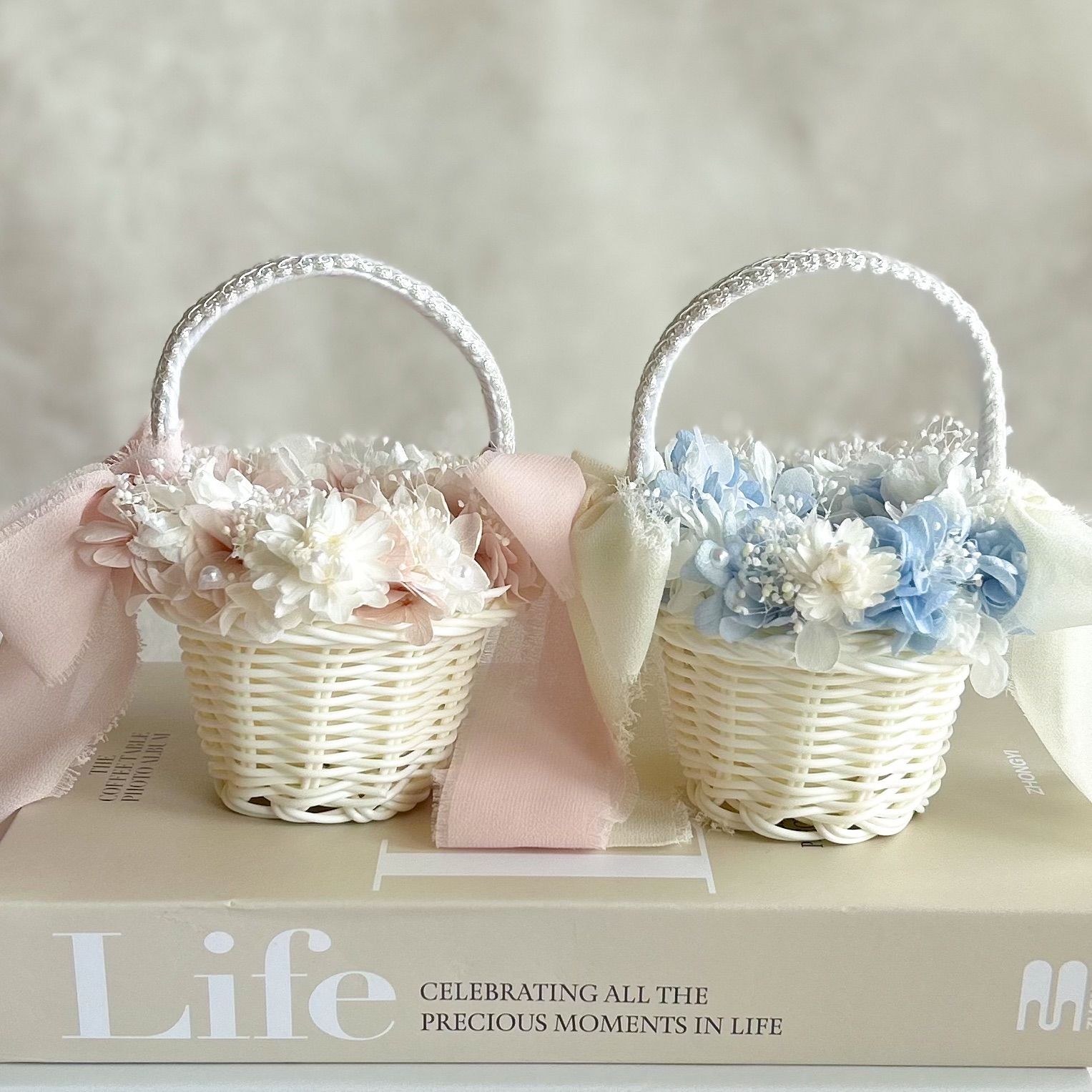 2人で運べる　2個セット　リングガール　リングピロー　結婚式　ウェディング　~pink&blue~