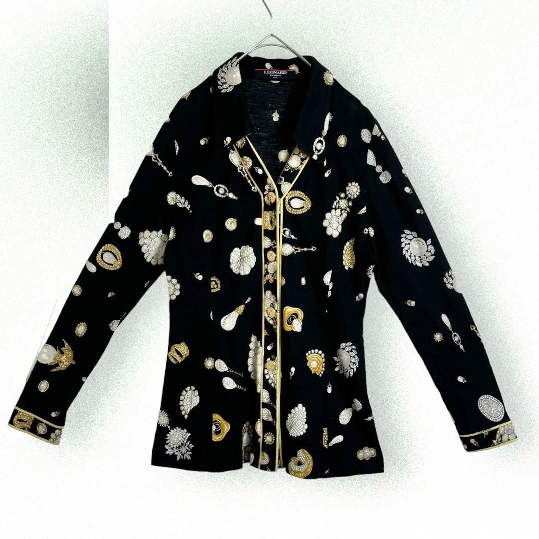 人気デザイン レオナール ブラウス フラワープリント 金ボタン M ブラック