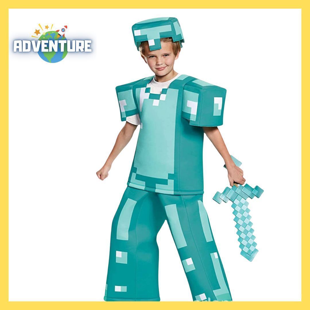 マインクラフト ダイヤモンド スティーブ風コスプレ ダイヤモンドの剣 モブ キッズ子供100 110 120 130 140 150着ぐるみマイクラ MINECRAFT ハロウィン仮装 コスチューム衣装 男の子 仮装10