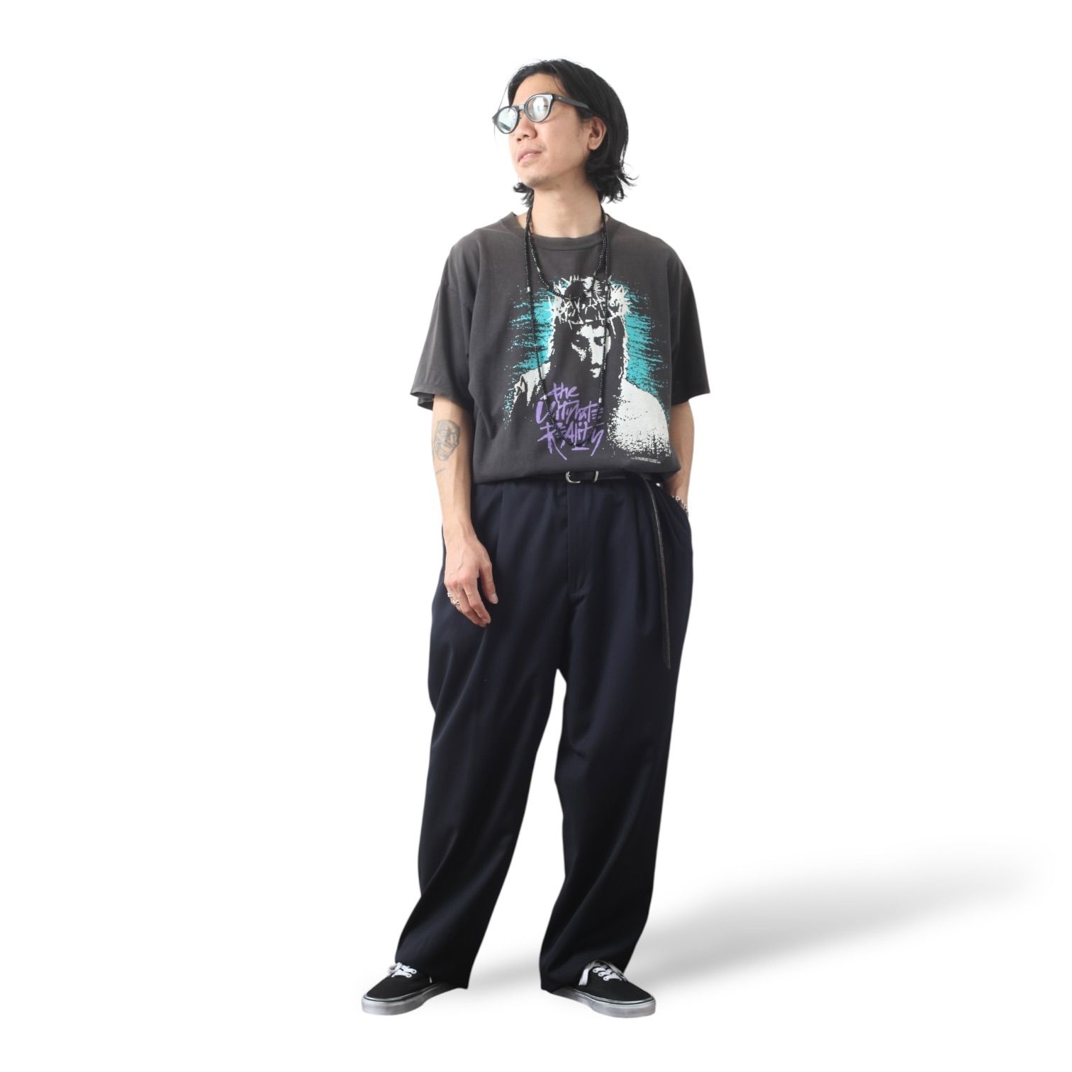 古着 90s ラルフローレン ツータック ウール スラックス ネイビー W40