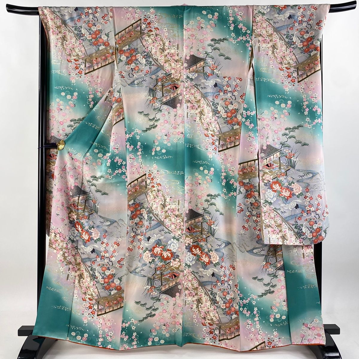 振袖 身丈164cm 裄丈69cm L 袷 草花 鶴 金銀彩 ぼかし 緑 正絹 秀品