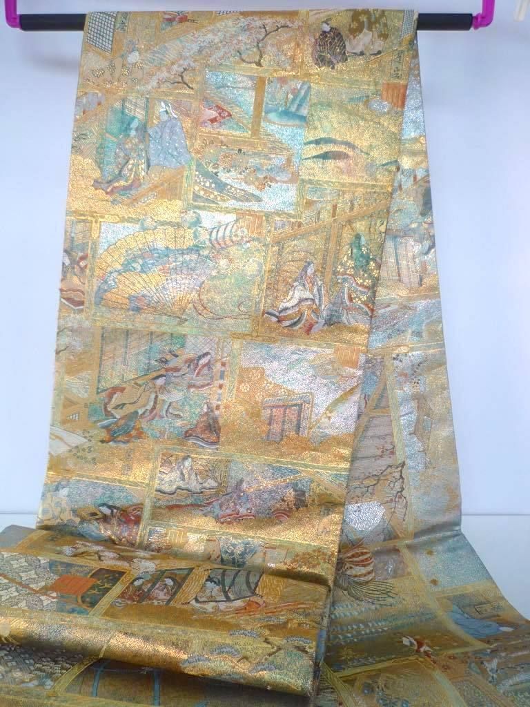 C829厳選西陣　西陣あさぎ　全通全景図　源氏物語五十四帖　高級正絹美術袋帯 C829厳選西陣 西陣あさぎ 全通全景図 源氏物語五十四帖 高級