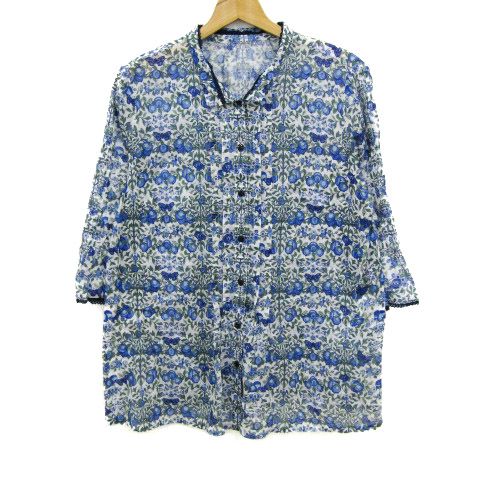 レリアン 長袖シャツ トップス 花柄 リネン混 大きいサイズ レディース 13 サイズ ブルー Leilian