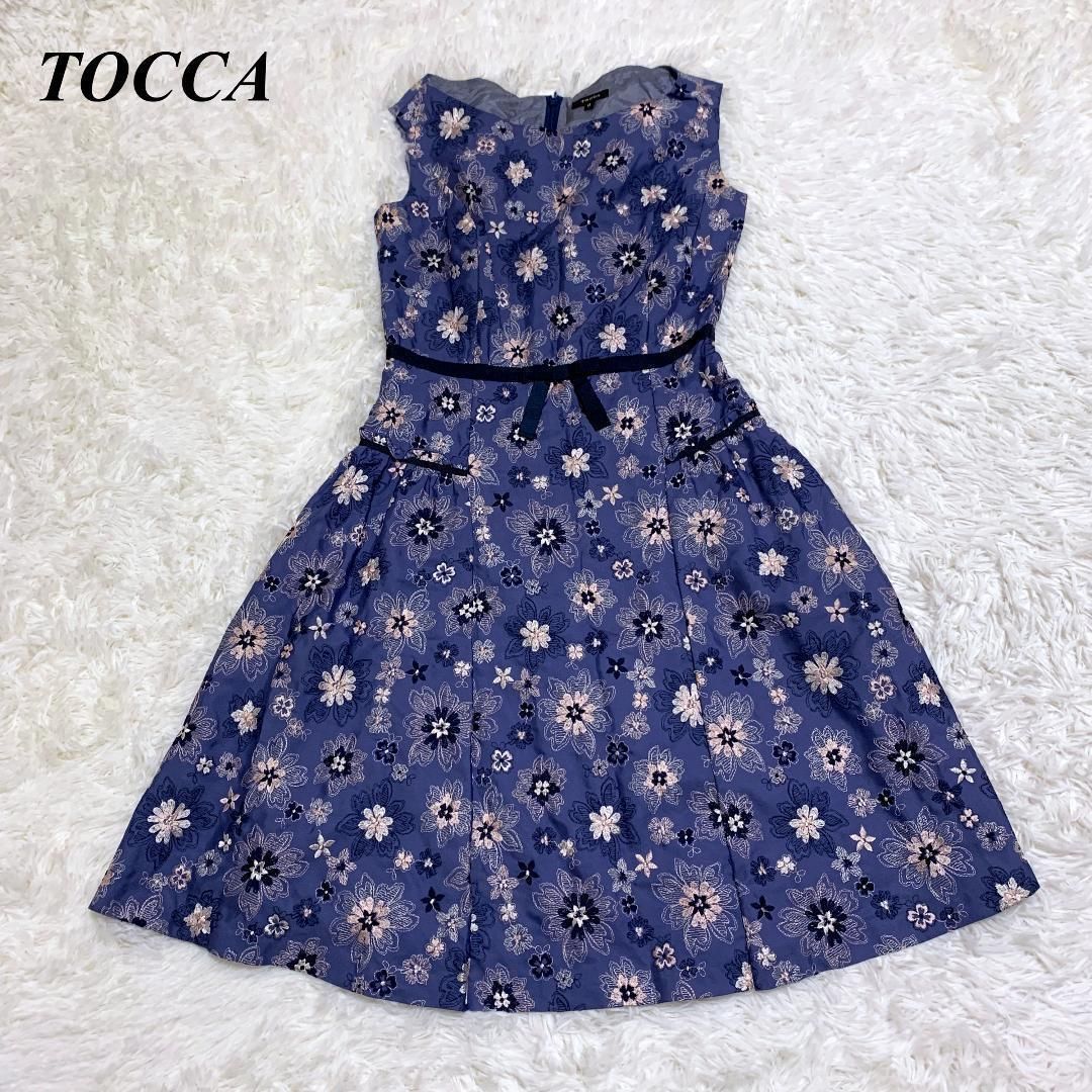 TOCCA トッカ 花柄刺繍ワンピース 刺繍 0 XS SS ブルー □