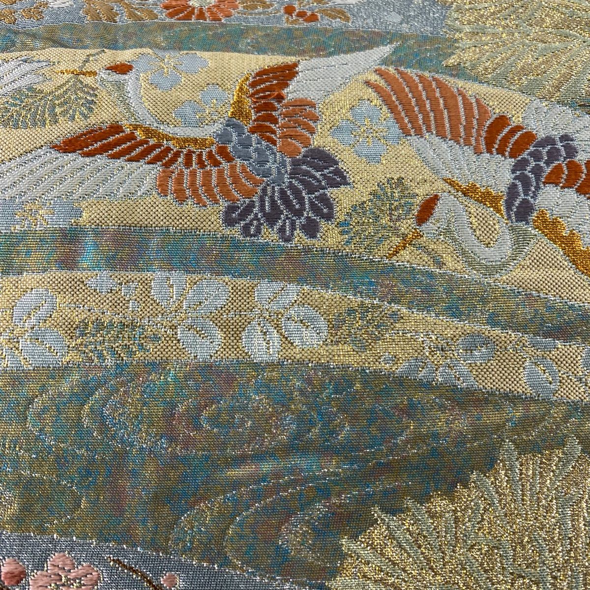 袋帯 美品 秀品 慶長小袖文 刺繍 箔 黄土色 六通 正絹 【中古】