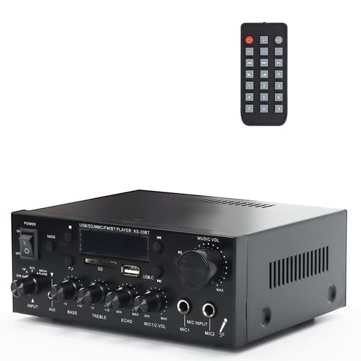 パワーアンプBluetoothオーディオサウンドアンプマイクアンプHIFIデジタルアンプ最大出力200WオーディオKS-33BTRCサポート車載家庭用USBパーティー用忘年会新年会結婚式リモコン付き