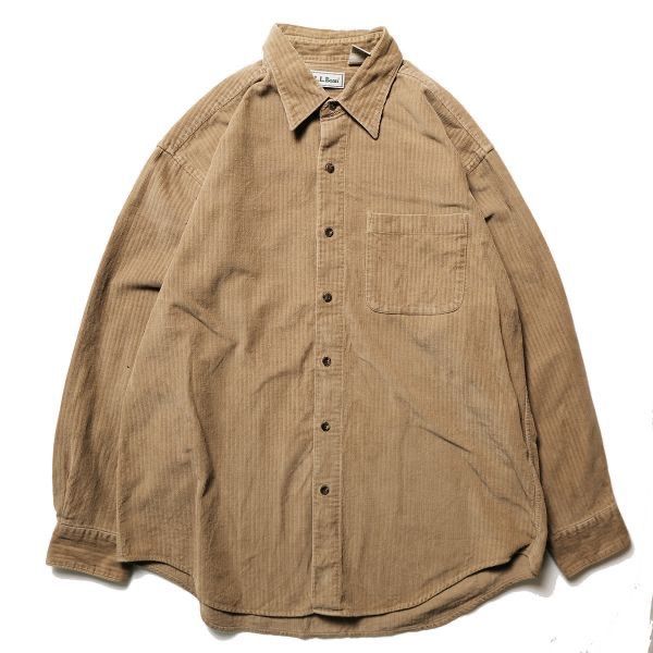 90's L.L.Bean LLビーン ランダムストライプ コットン コーデュロイ シャツ (L) 茶系 無地 90年代 旧タグ オールド Y2K アメリカ古着 USED  ビンテージ ヴィンテージ
