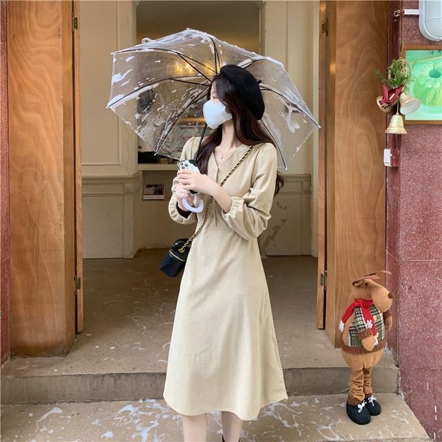 ワンピース ミドルドレス レディース Aライン ゆったり ミモレ丈 韓国デザイン 可愛い ハイウエス