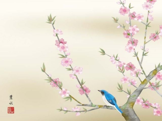 美術教本2冊セット 種類2：f6 額絵 緒方葉水 桃花に小鳥 f8・f6・f4サイズ 現代日本画