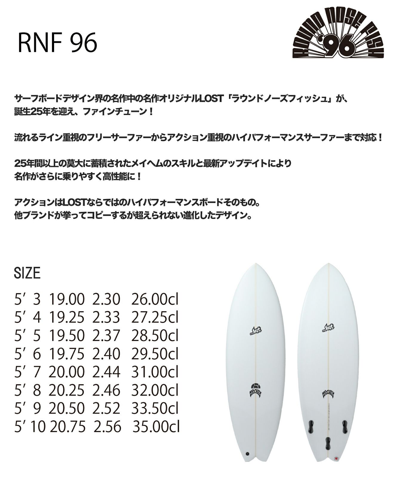 【ムラスポ公式】新品 LOST ロスト RNF96 ラウンドノーズフィッシュ96 サーフボード PU ショート ムラサキスポーツ