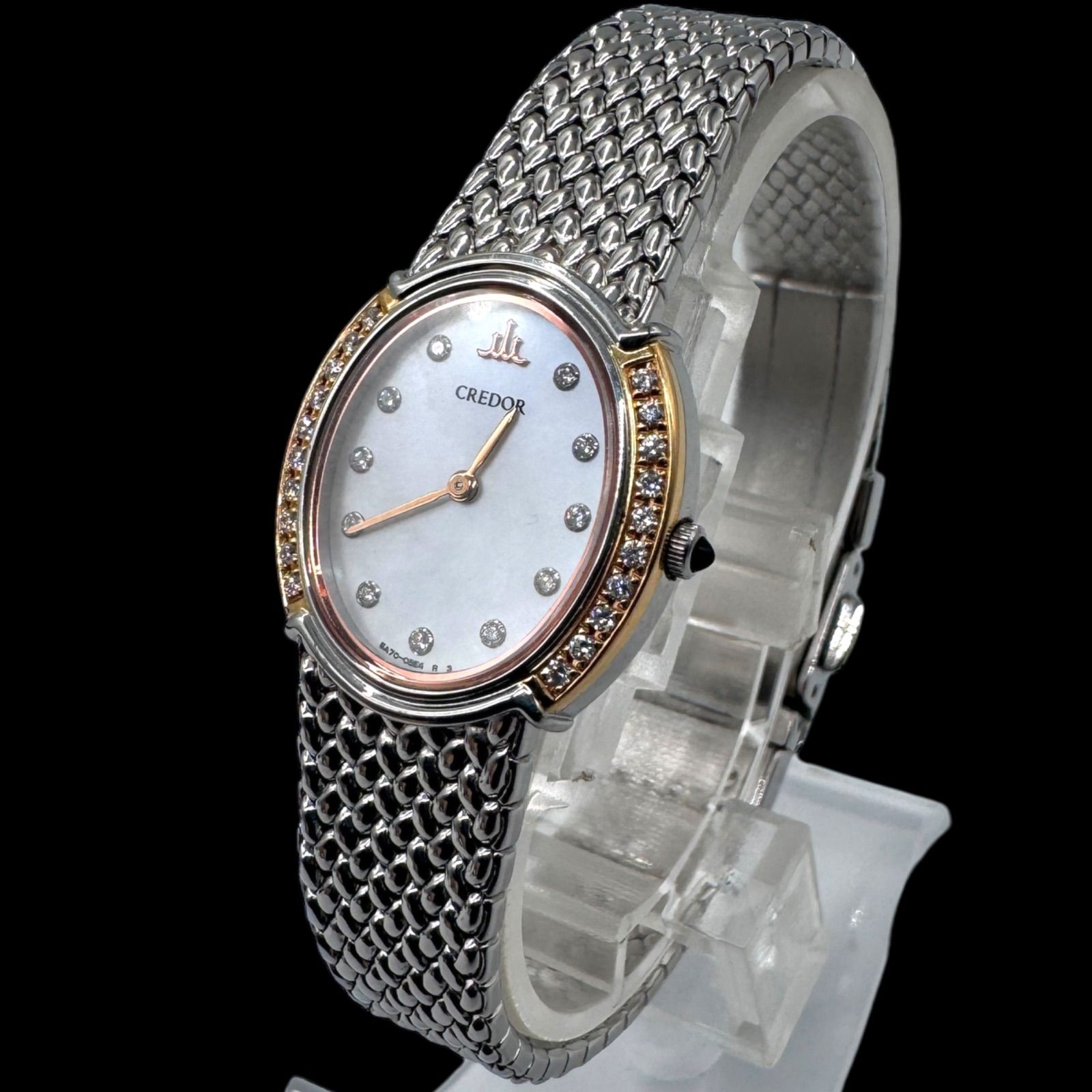 電池稼働 SEIKO セイコー CREDOR クレドール 18KT SS ダイヤモンドベゼル シェル文字盤 レディース腕時計 クオーツ QZ 5A70-0AT0