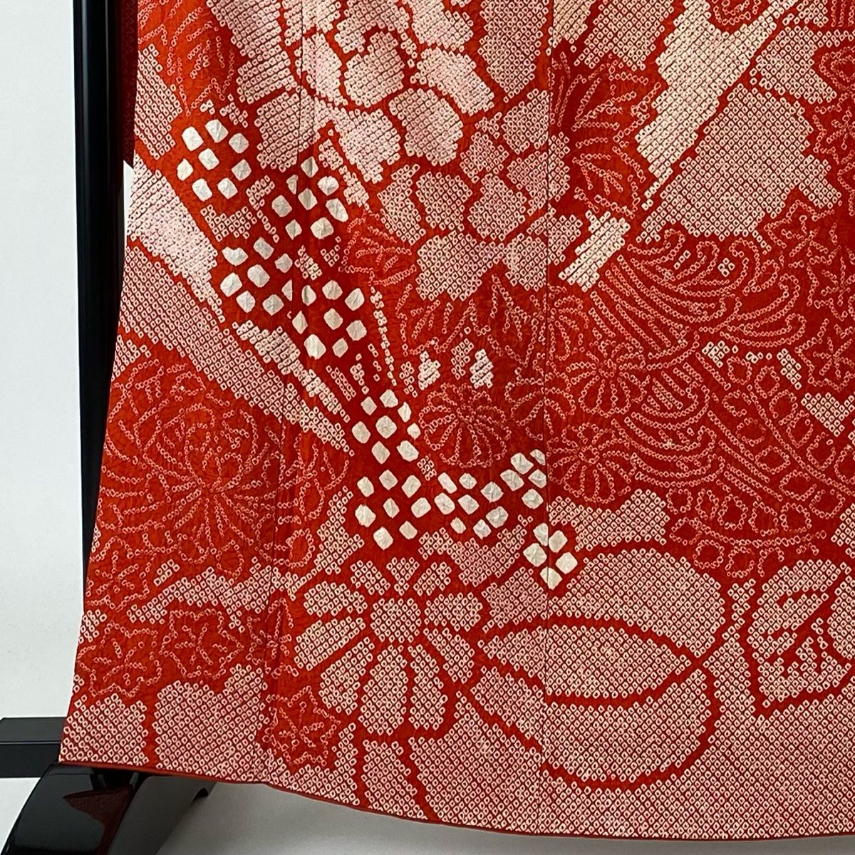 振袖 身丈162cm 裄丈65.5cm M 袷 牡丹 桧扇 総絞り 朱色 正絹 美品 秀  