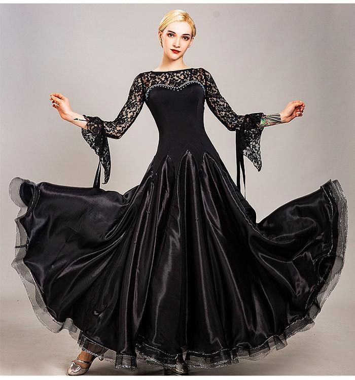 男性らしい 社交ダンスドレス フロート 上品 高品質 社交ダンス ドレス 長袖 スタンダード 社交ダンス衣装 モダンワンピース 黒 広がる裾 ワンピース スタンダードドレス レッスン着 発表会 競技着 練習着 演出用 ワルツ ドレス ロング丈 オールシーズン 100品質保証！