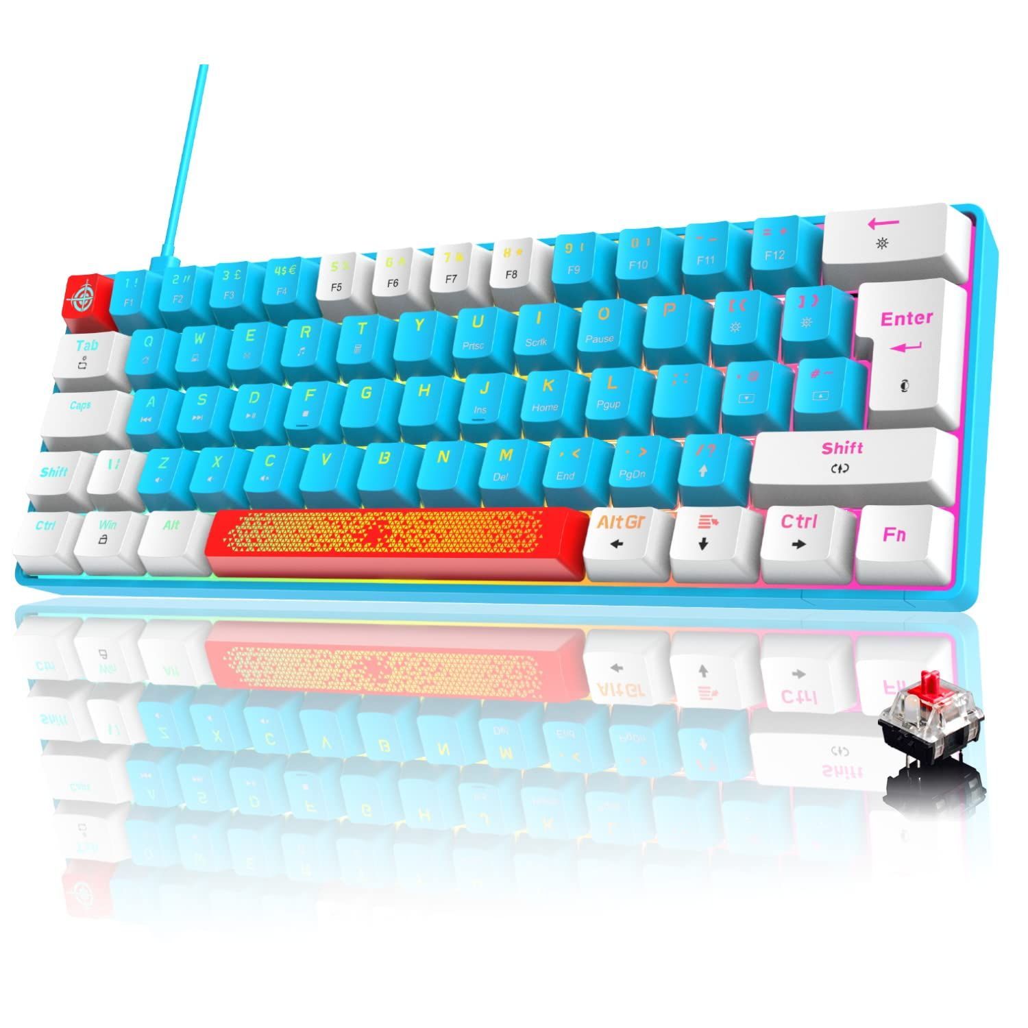 ゲーミングキーボード メカニカルキーボード テンキーレス 61キー 青軸 RGBバックライト付き 60％小型 コンパクトキーボード USB有線 英語配列 Windows/Mac/IOS/Androidに対応ゲーム用キーボード 日本語取り扱い書(ブルー+ホワイト