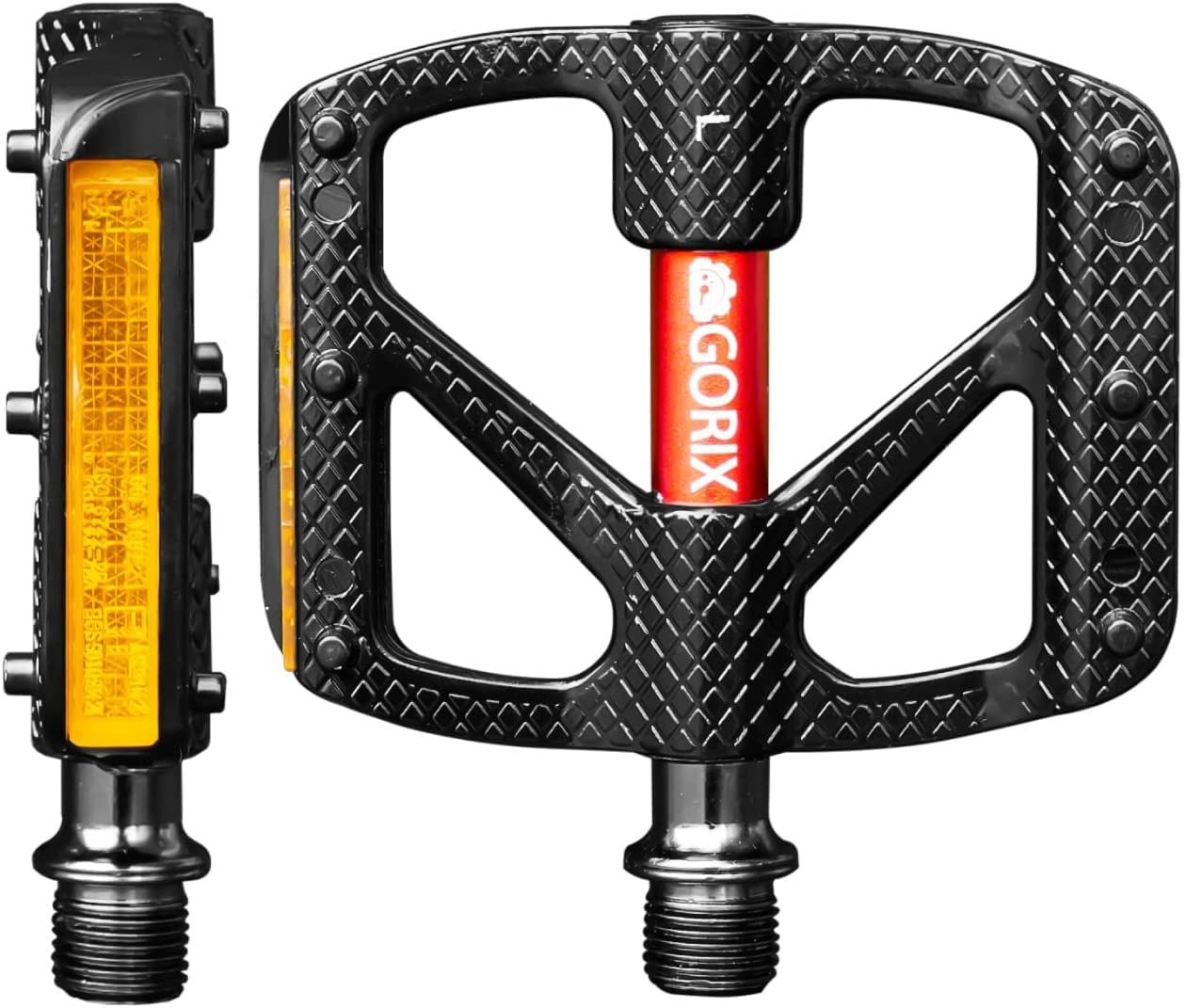 GORIX(ゴリックス) 自転車ペダル 超軽量アルミ 薄型 幅広 フラットペダル (GX-FY610) [リフレクター 反射板付き レッド軸・おしゃれ・ペダル交換・滑り止め] ロードバイク クロスバイク mtb他自転