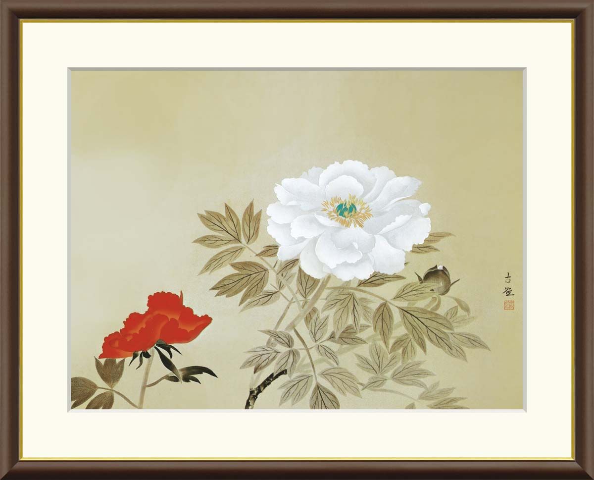 10年保証 名画 油絵 牡丹 小林古径 手彩仕上 高精細巧芸画/インテリア 額入り 額装込 アート リビング プレゼント アートフレーム 飾る グッズ ギフト おしゃれ 壁掛け 絵 F6(52x42cm)