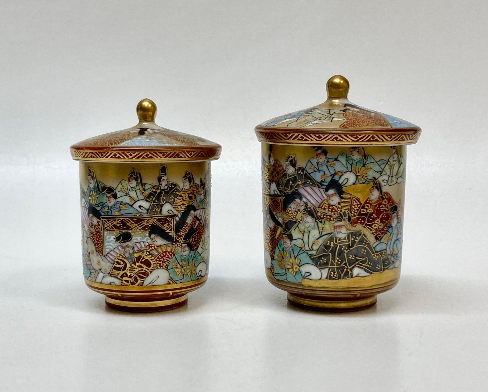 九谷焼 金彩 三十六歌仙 細字 蓋付 夫婦湯呑み２客