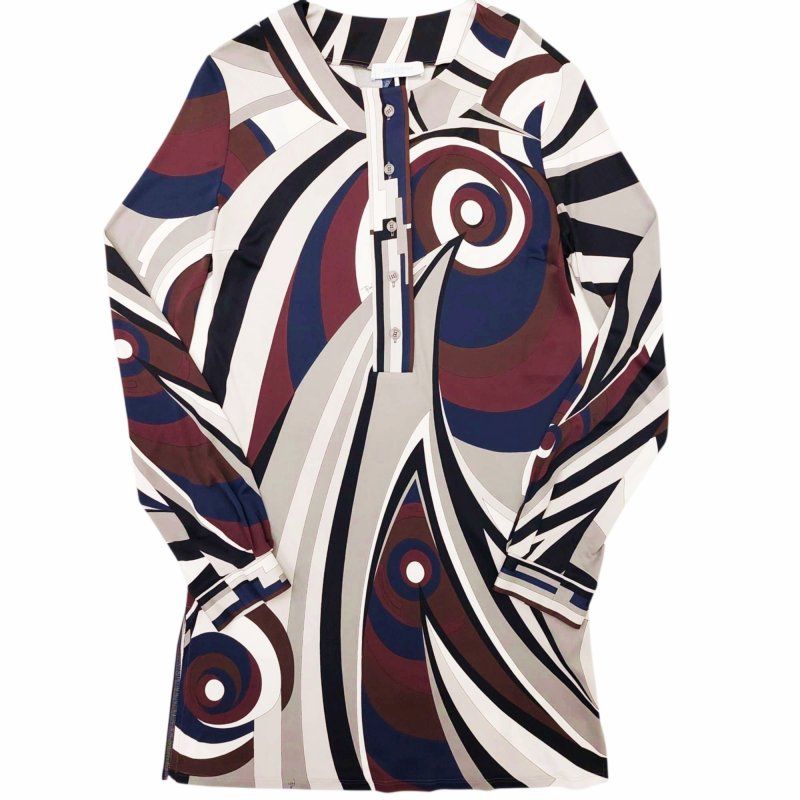 エミリオプッチ EMILIO PUCCI プッチ柄 レーヨン チュニック ワンピース ヘンリーネック 総柄 長袖 ミニ丈 I 42 紺 ネイビー マルチ 0527
