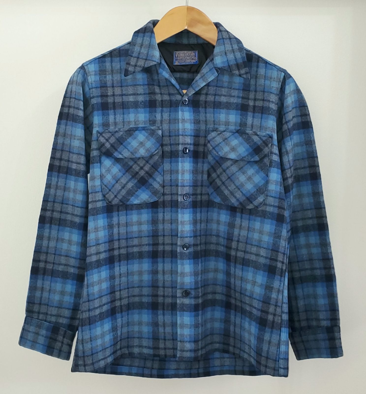 PENDLETONペンドルトン■美品 1970s vintage USA製 ピュアバージンウール BOARD SHIRT ボードシャツ S プラッド柄  長袖 紺×灰×黒 ビーチボーイズ チェック オープンカラー