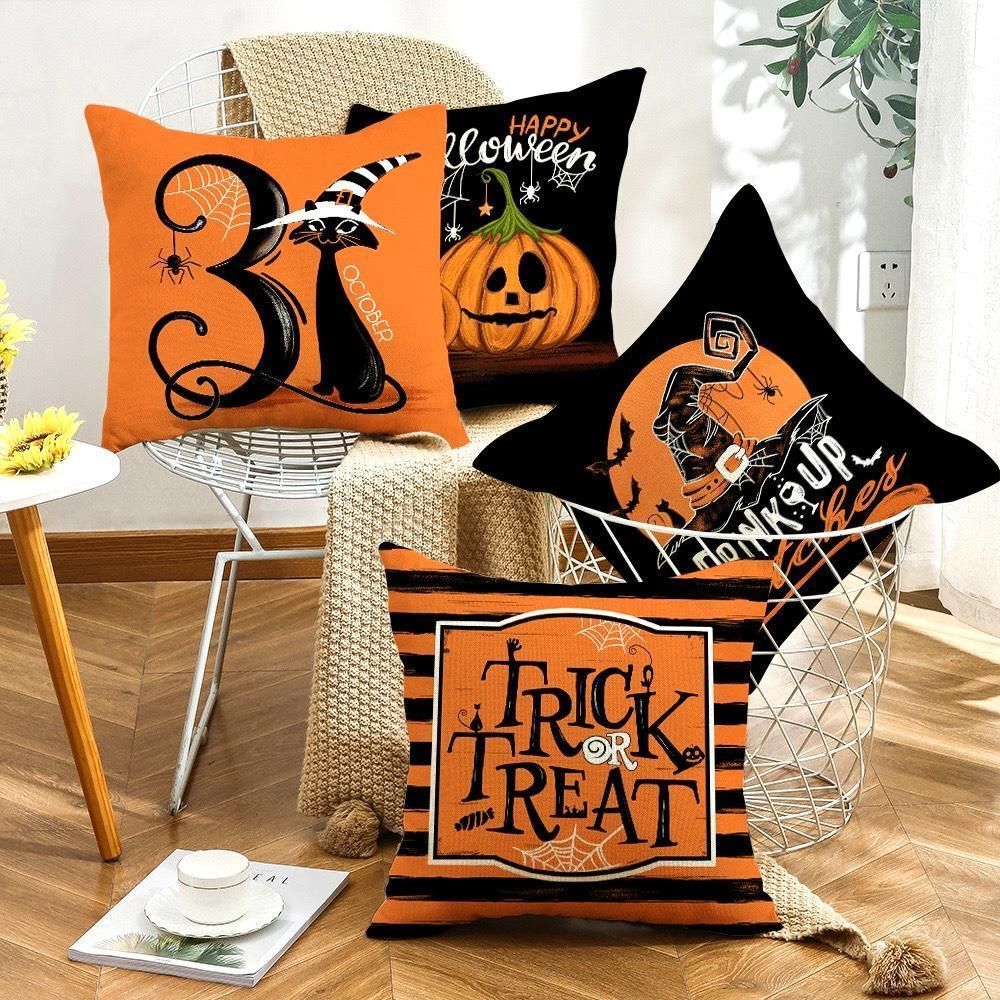 ハロウィン装飾スローピローカバー4枚セット、かわいいブラックゴーストパンプキンコウモリ装飾パターンクッションカバー、ハッピーハロウィ クッションカバー  ハロウィン 柄 45×45 4枚セット かぼちゃ オレンジ 秋冬 まとめ売り ロゴ 洗える インテリア 装飾 布製 ..., image size:1000x1000