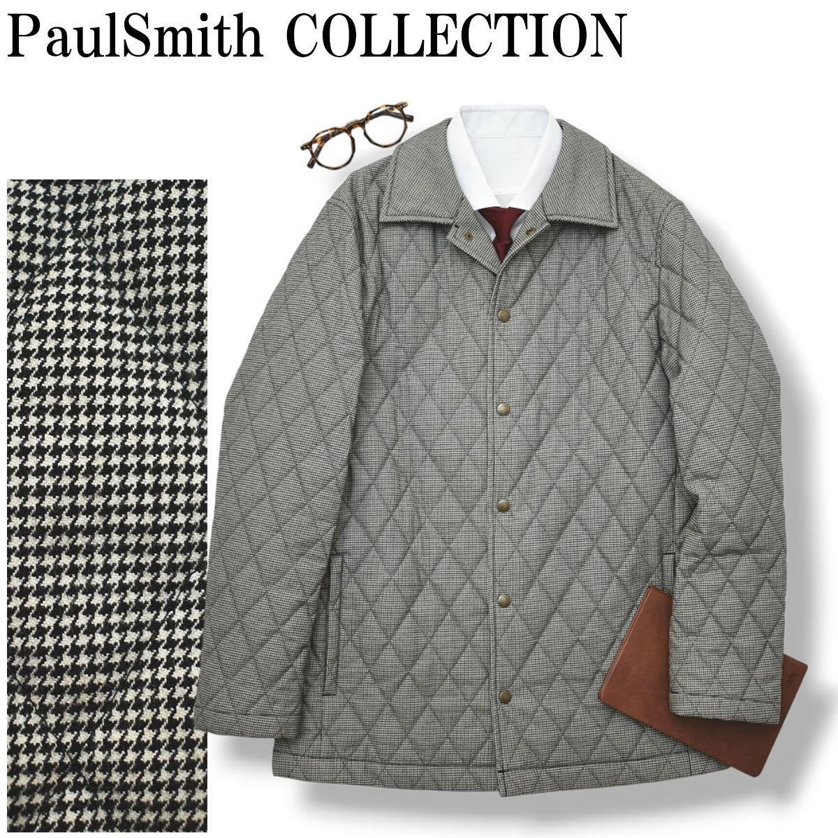 ポールスミス コレクション PaulSmith COLLECTION 千鳥格子柄 キルティングジャケット アウター コート ビジネス カジュアル トラッド XL ホワイト x ブラック メンズ