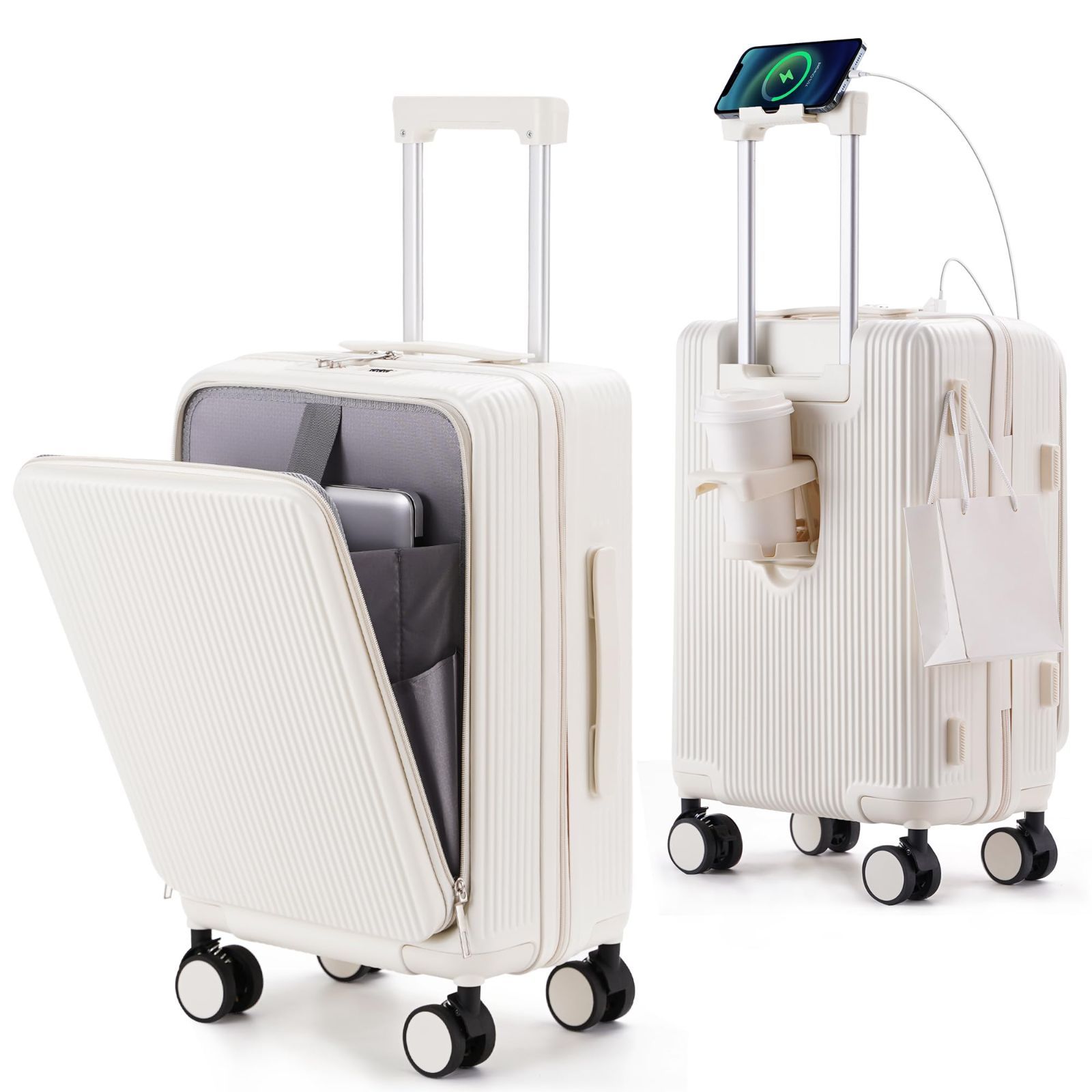 MULARDA 前開きキャリーケース スーツケース機内持ち込み 耐衝撃 超軽量 USBポート付き Sサイズ 大容量 1-3泊 旅行 ビジネス 出張 ホワイト