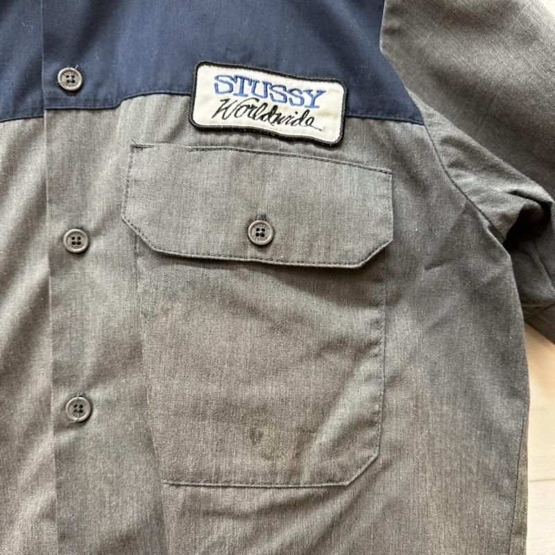 美品　stussy刺繍ロゴワッペン　半袖ワークシャツ ブラック　M00s 美品 stussy刺繍ロゴワッペン 半袖ワークシャツ ブラック M00s